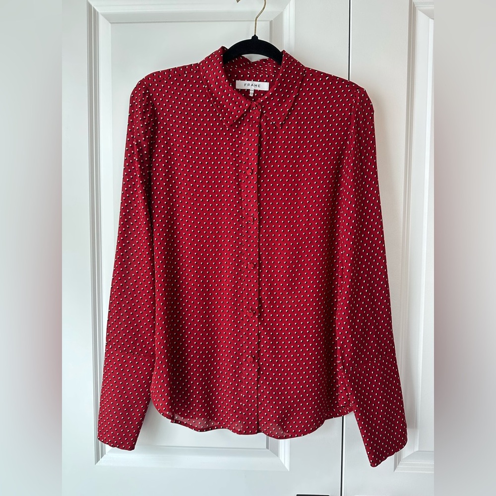 FRAME Women’s Heart Print Silk PJ Blouse Red NWOT (Size M) - Picture 1 of 10